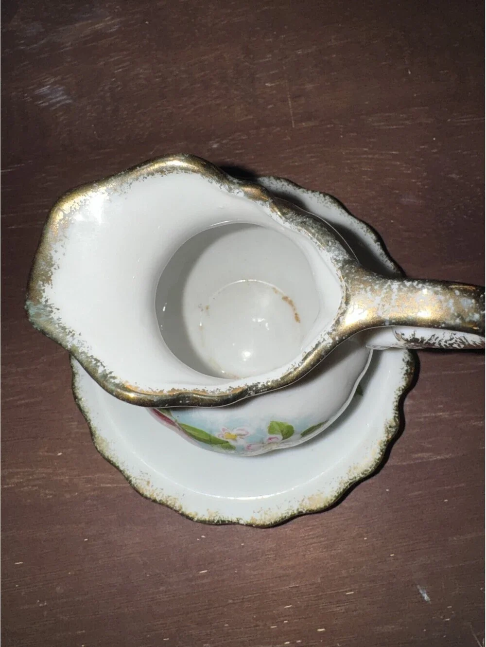Vintage Japan HOMCO Small Porcelain Pitcher Creamer and Saucer Gold Trim Floral